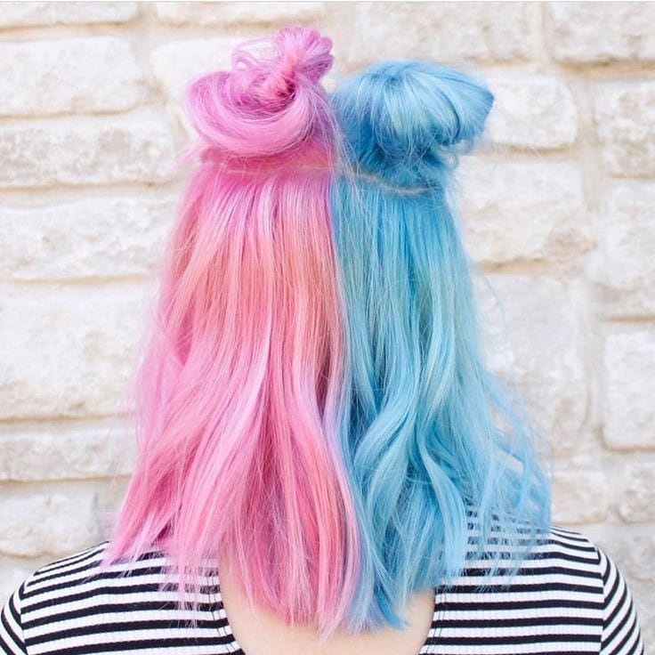 Shoulder Length Blunt Cut Pink And Blue Split Dye — Aesthetic Split Dye Hair