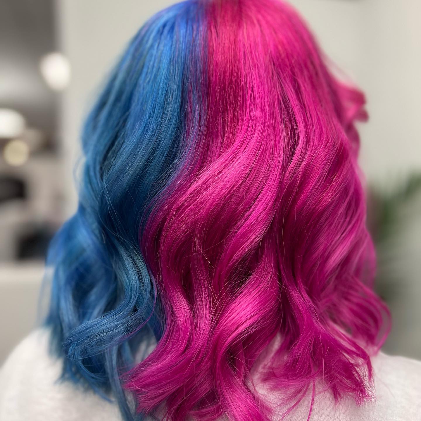 Collarbone Lob Wavy Blue And Pink Split Dye — Aesthetic Split Dye Hair