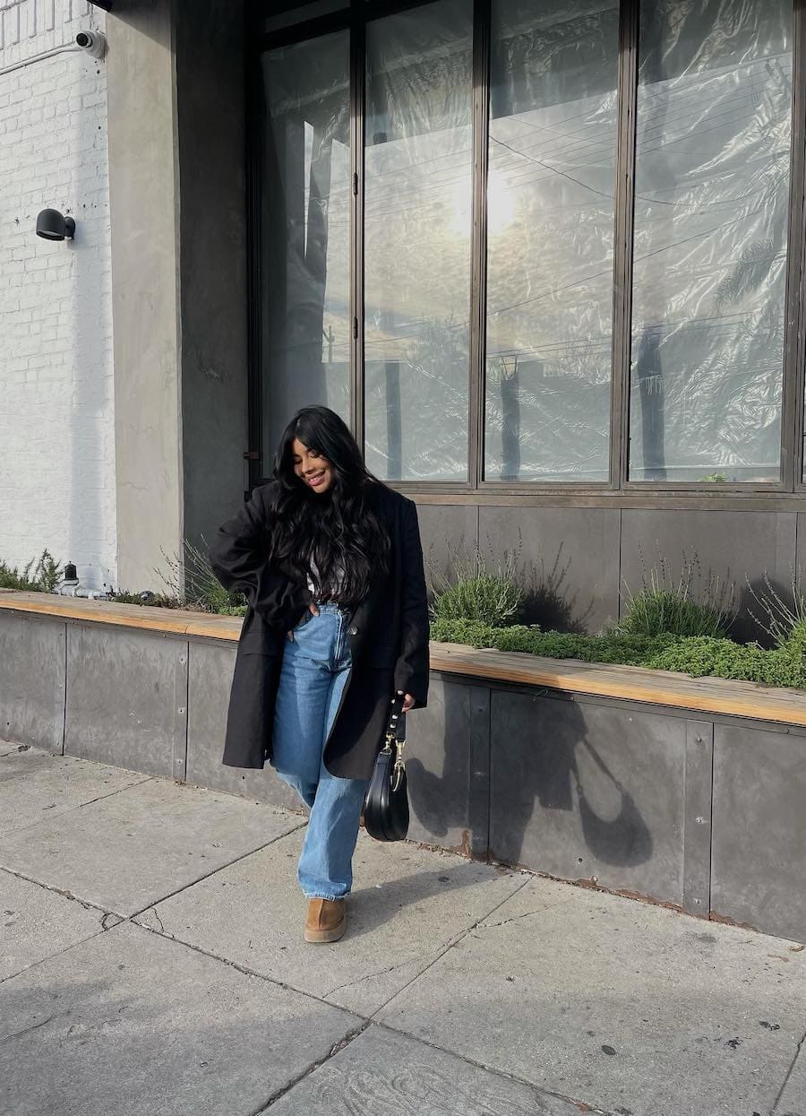 Tan Suede Clogs with Wide-Leg Jeans and Oversized Black Blazer — Aesthetic Ugg Tasman Outfit