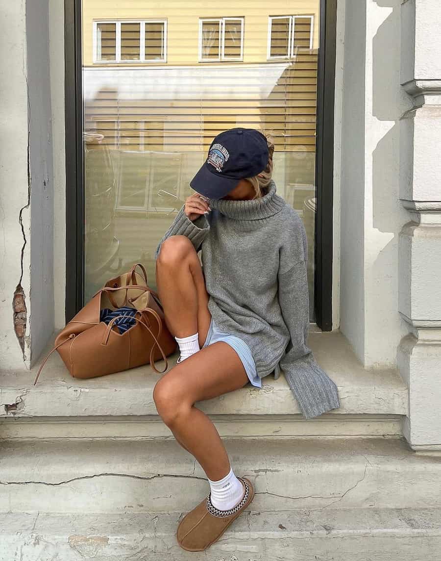 Tan Ugg Tasman Slippers with Shorts and Oversized, Close-Up Take — Aesthetic Ugg Tasman Outfit
