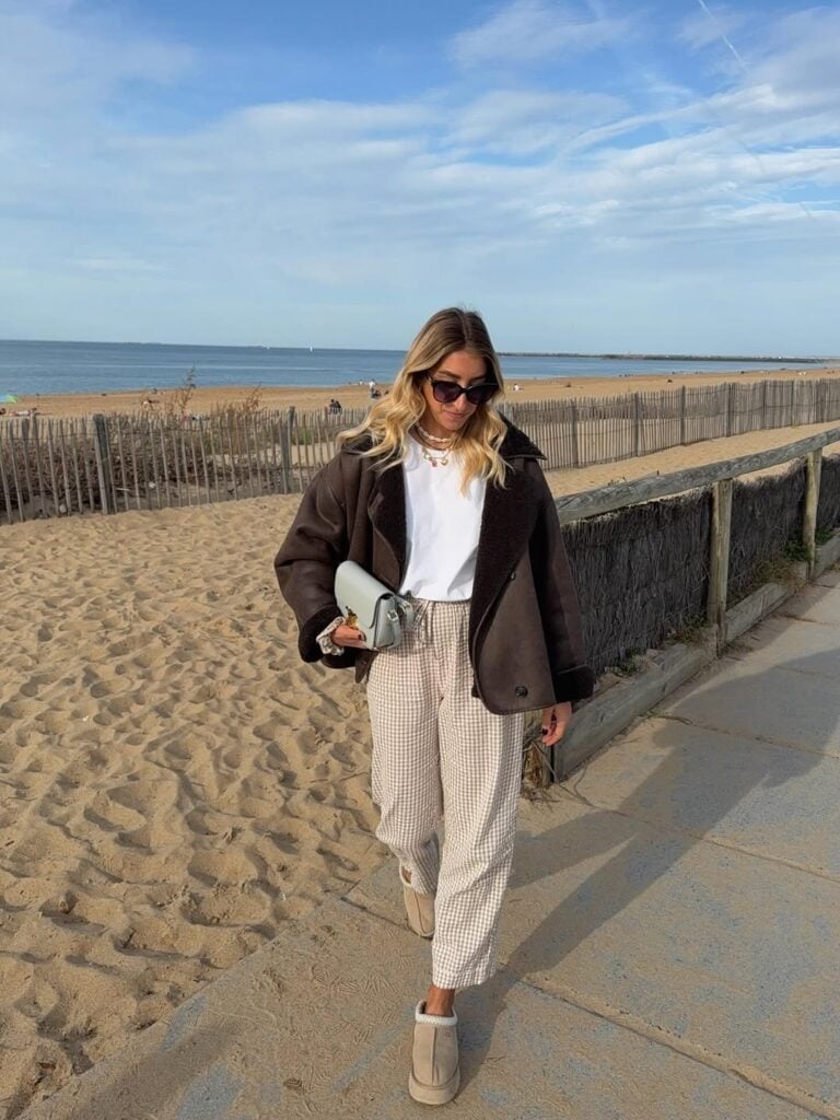 Tan Suede Clogs with Checkered Trousers and Brown, Close-Up Take — Aesthetic Ugg Tasman Outfit