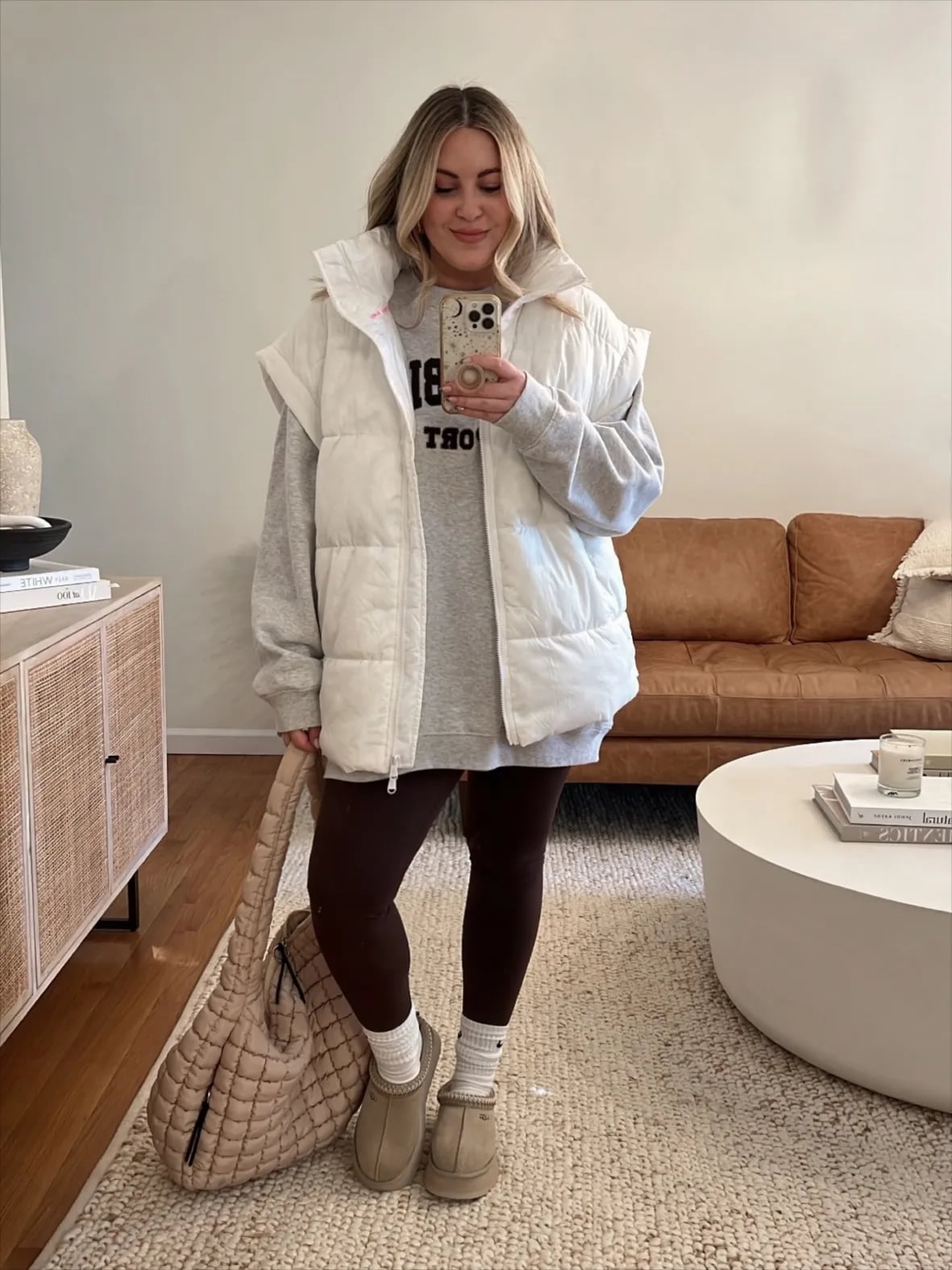 Tan Ugg Tasman Clogs with Grey Sweatshirt and White Puffer Vest — Aesthetic Ugg Tasman Outfit