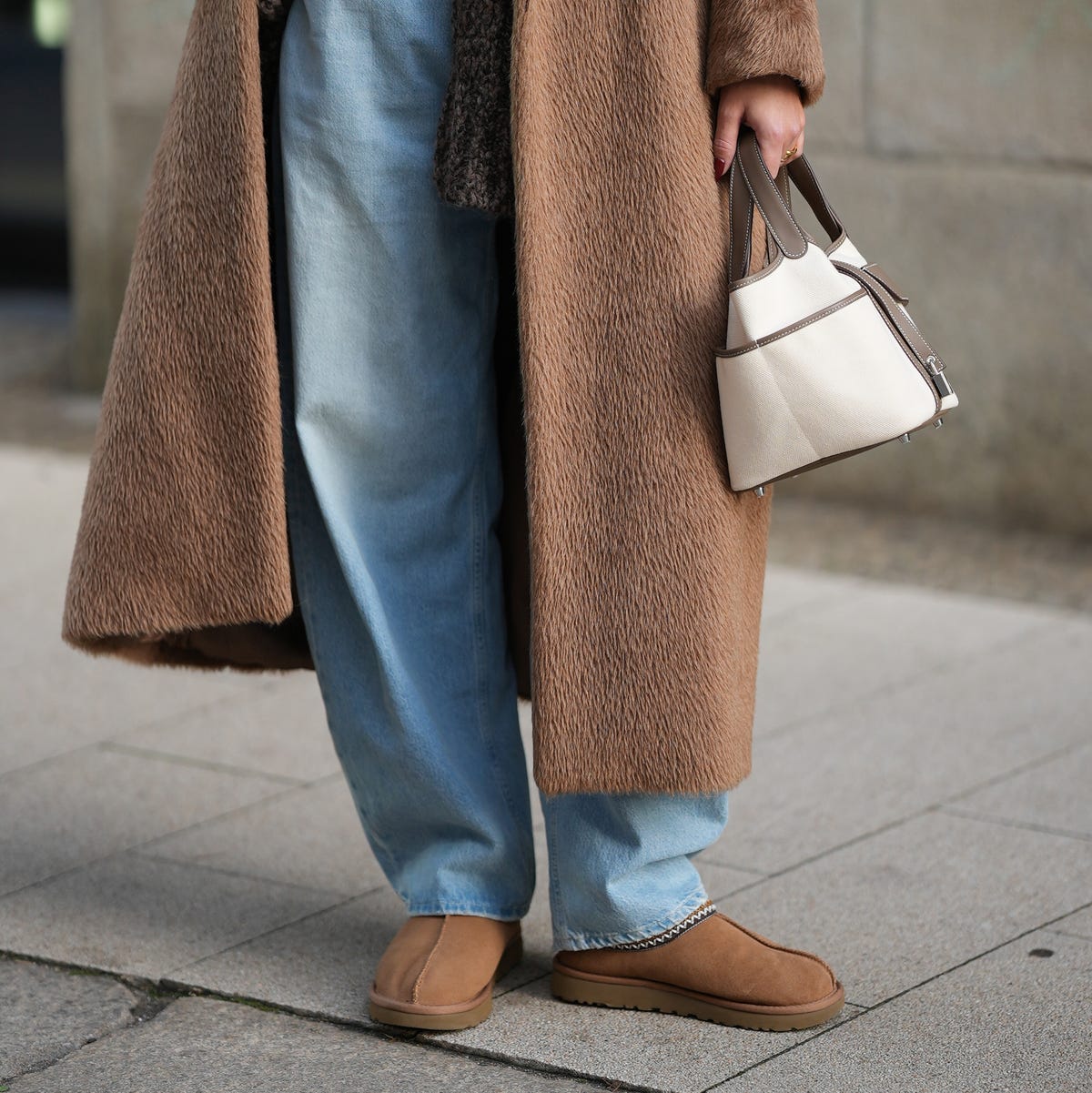 Ugg Slippers with Wide-Leg Jeans and Textured Long Coat — Aesthetic Ugg Tasman Outfit