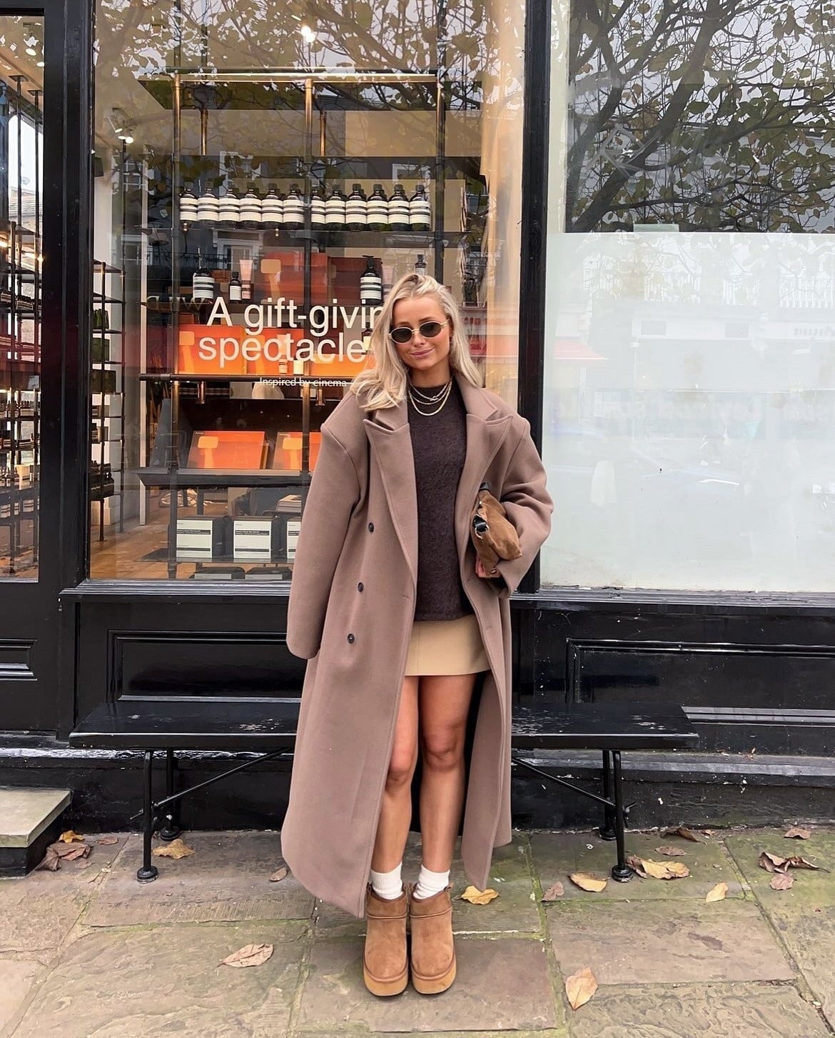 Platform Ugg Boots Styled with a Mini Skirt and Taupe Wool Coat — Aesthetic Ugg Tasman Outfit