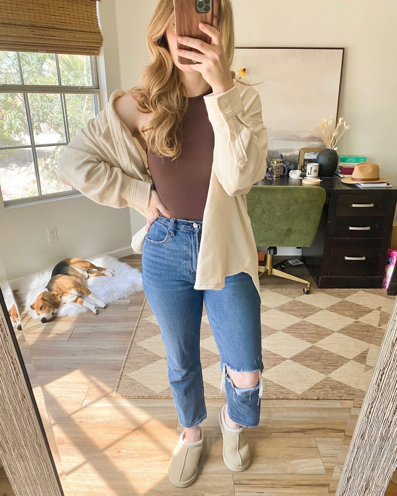 Tan Ugg Tasman Slippers with Ripped Jeans and Beige Cardigan — Aesthetic Ugg Tasman Outfit