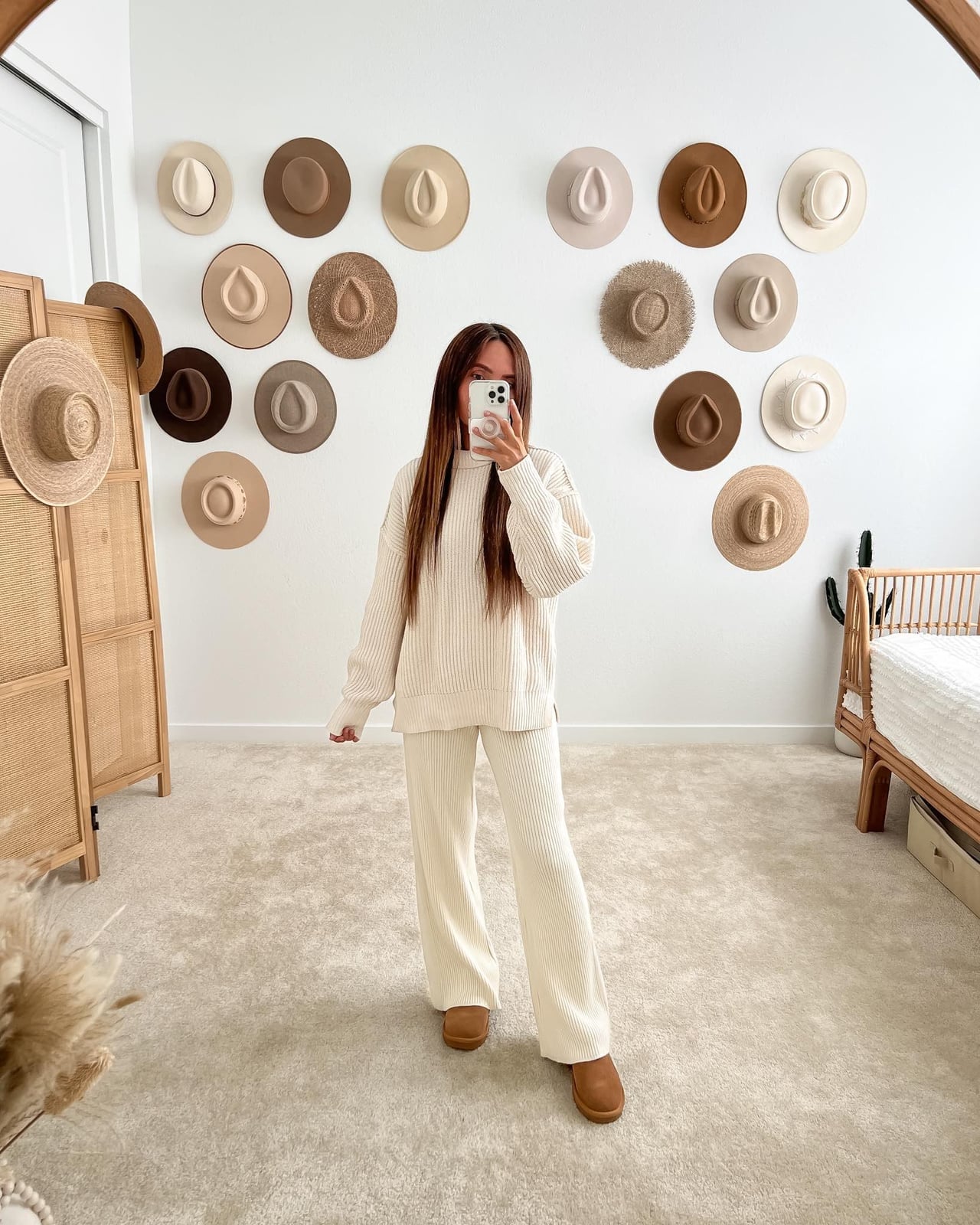 Ugg Slippers with Cream Knit Sweater and Matching Wide-Leg Pants — Aesthetic Ugg Tasman Outfit