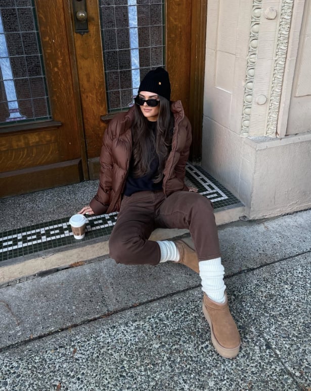 Tan Platform Ugg Boots with Brown Trousers and Puffer Jacket — Aesthetic Ugg Tasman Outfit