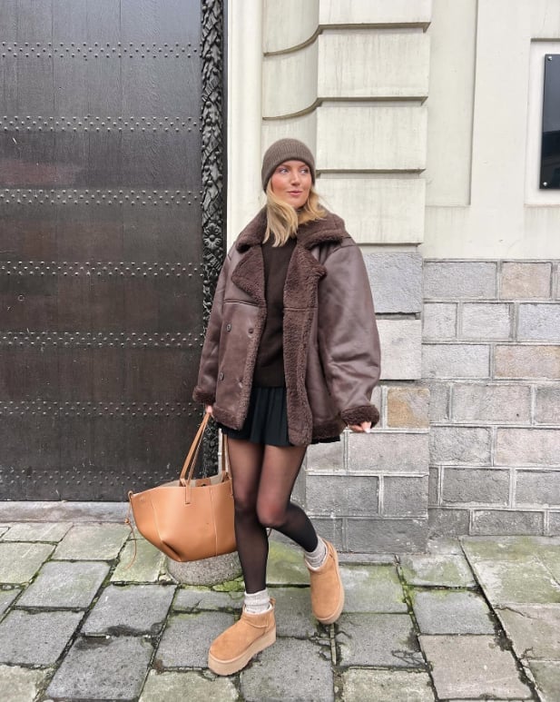 Platform Ugg Boots with Mini Skirt and Shearling Aviator Jacket — Aesthetic Ugg Tasman Outfit
