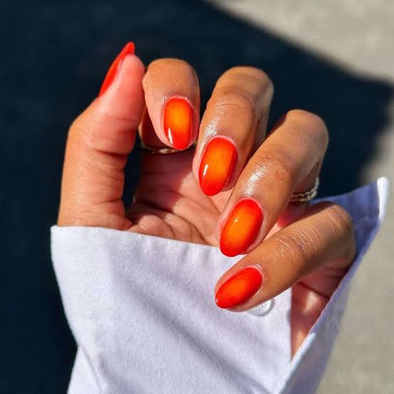Almond Gradient Red To Orange Chrome Sheen Almond Gradient Red To Orange Chrome Sheen — Aesthetic University Nails
