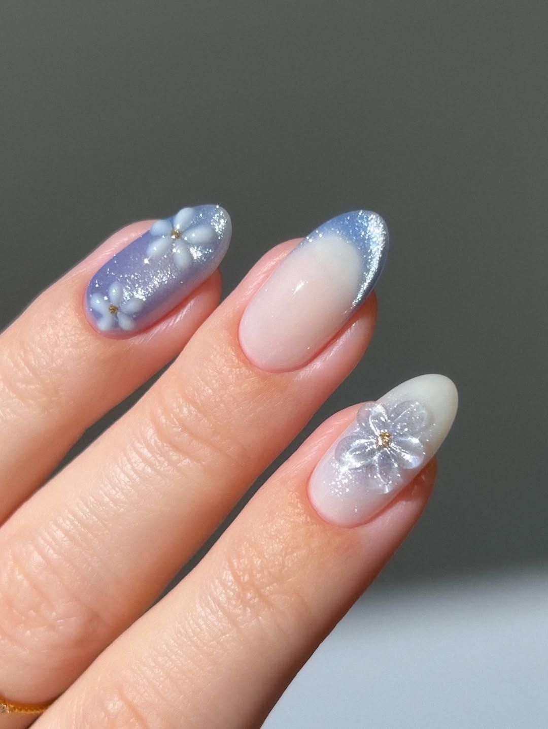 Medium Oval Milky White Blue With 3D Flowers Medium Oval Milky White Blue With 3D Flowers — Aesthetic University Nails