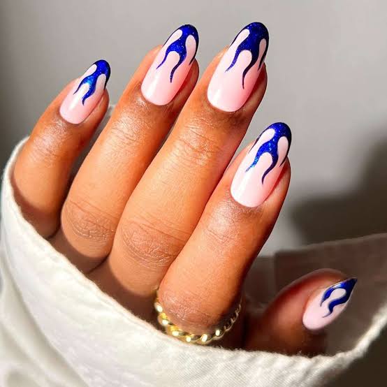 Medium Oval Light Pink With Blue Flame Art Medium Oval Light Pink With Blue Flame Art — Aesthetic University Nails
