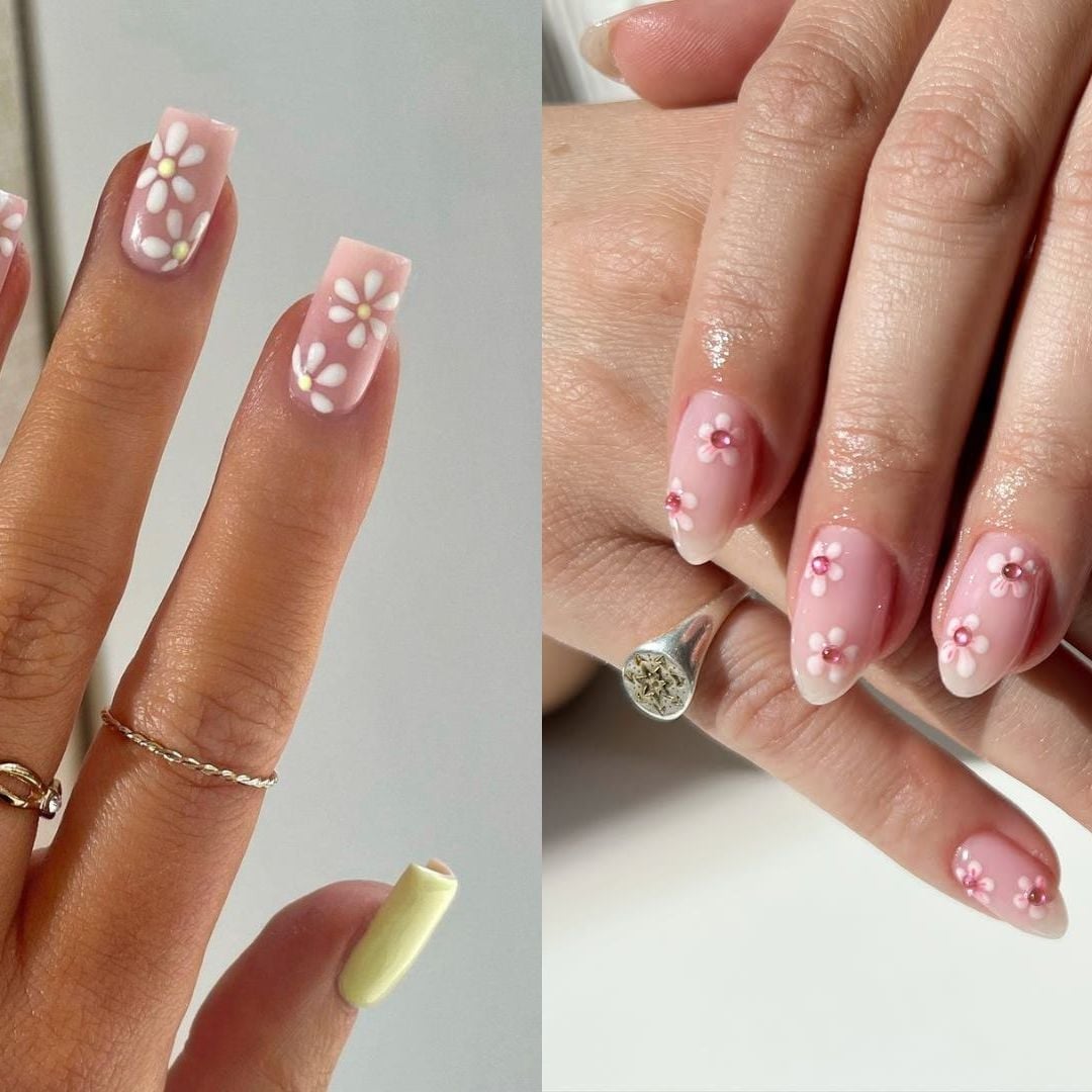 Medium Square Pink With Delicate White Flowers Medium Square Pink With Delicate White Flowers — Aesthetic University Nails