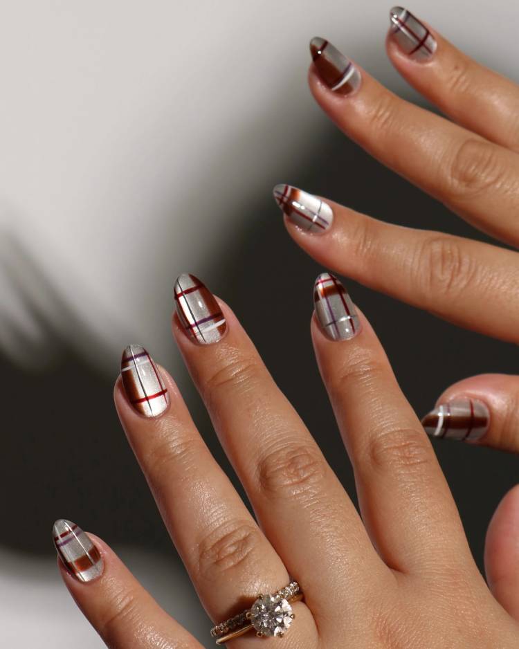 Medium Almond Plaid Metallic Sheen Nails Medium Almond Plaid Metallic Sheen Nails — Aesthetic University Nails