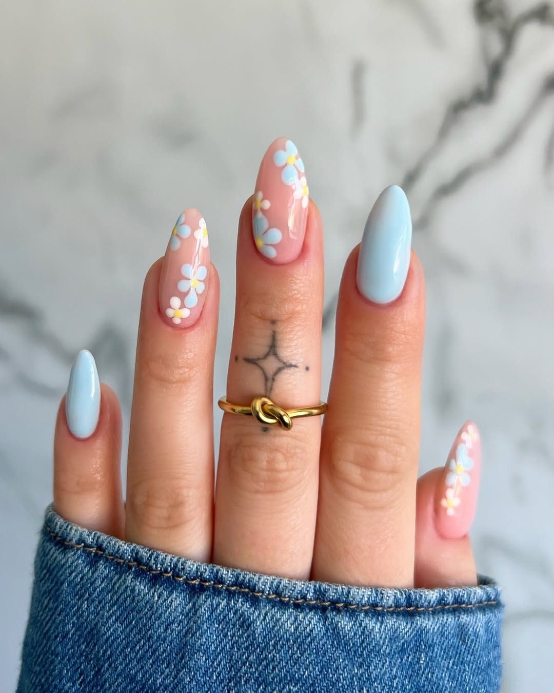 Medium Almond Pale Pink With Blue Floral Art Medium Almond Pale Pink With Blue Floral Art — Aesthetic University Nails