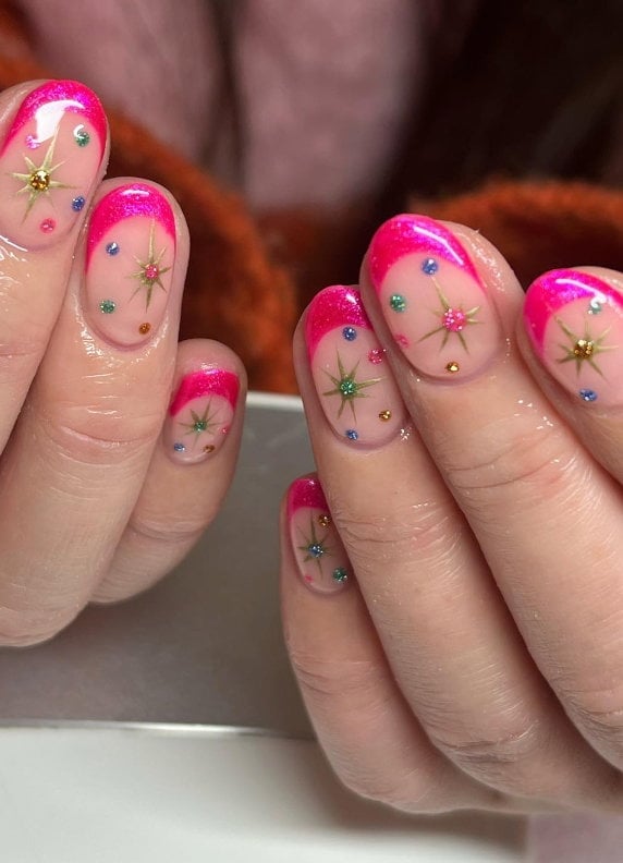 Short Oval Hot Pink French With Stars And Dots, Glossy Short Oval Hot Pink French With Stars And Dots, Glossy — Aesthetic University Nails