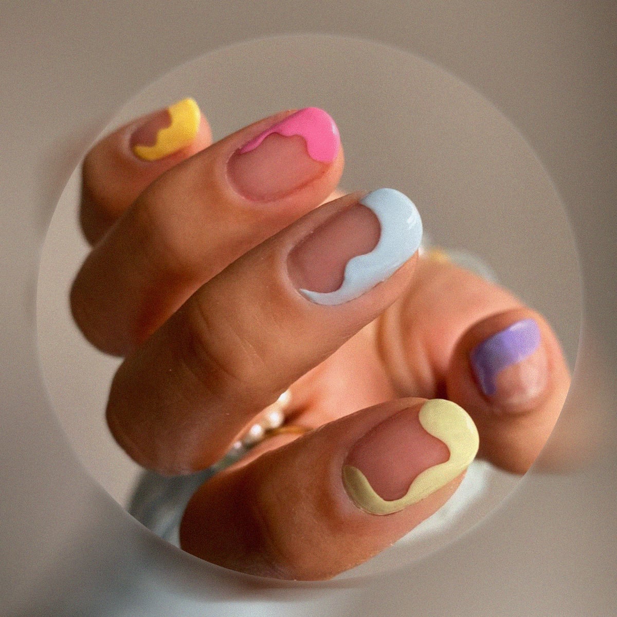 Short Almond Pastel Abstract Wavy French Tips Short Almond Pastel Abstract Wavy French Tips — Aesthetic University Nails