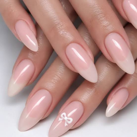 Long Almond Sheer Pink With White Bow Art, Glossy Long Almond Sheer Pink With White Bow Art, Glossy — Aesthetic University Nails