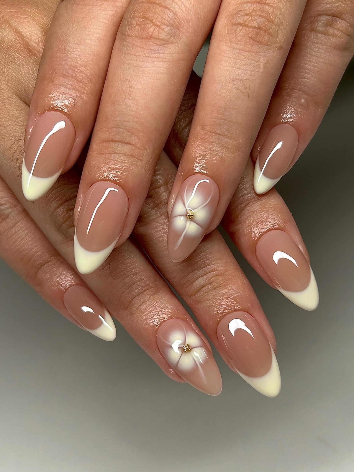 Almond French With 3D Cream Floral Accents Almond French With 3D Cream Floral Accents — Aesthetic University Nails