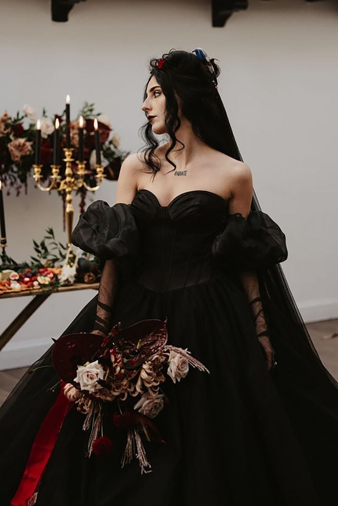 Dramatic Black Ballgown Wedding Dress with Puff Sleeves — Aesthetic Wedding Dress