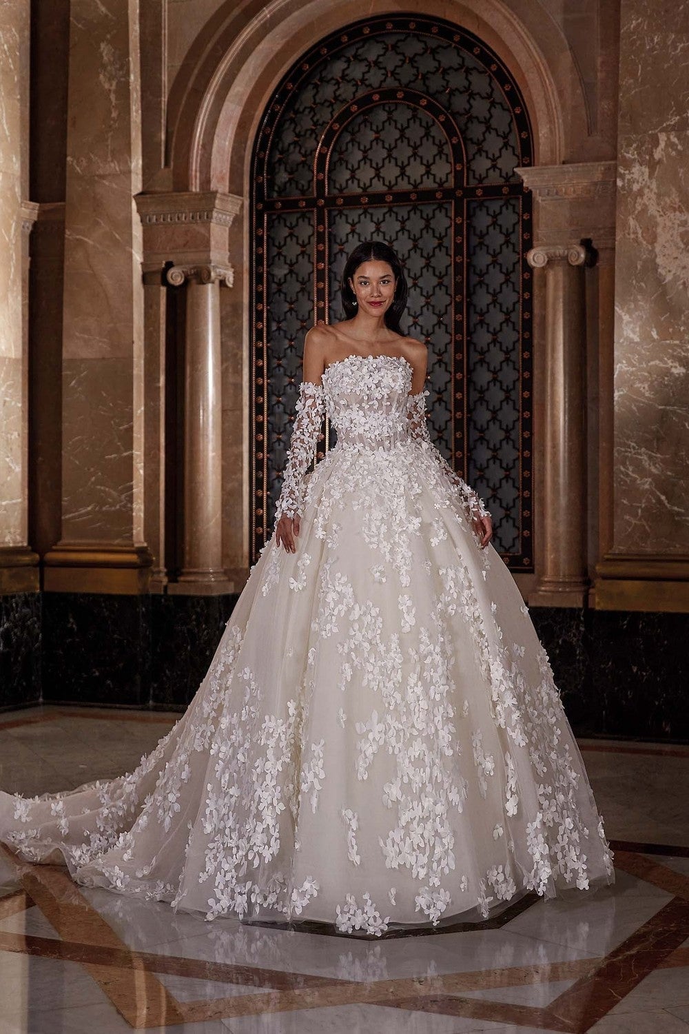 White Ballgown Wedding Dress with Floral Lace Sleeves, Tulle — Aesthetic Wedding Dress