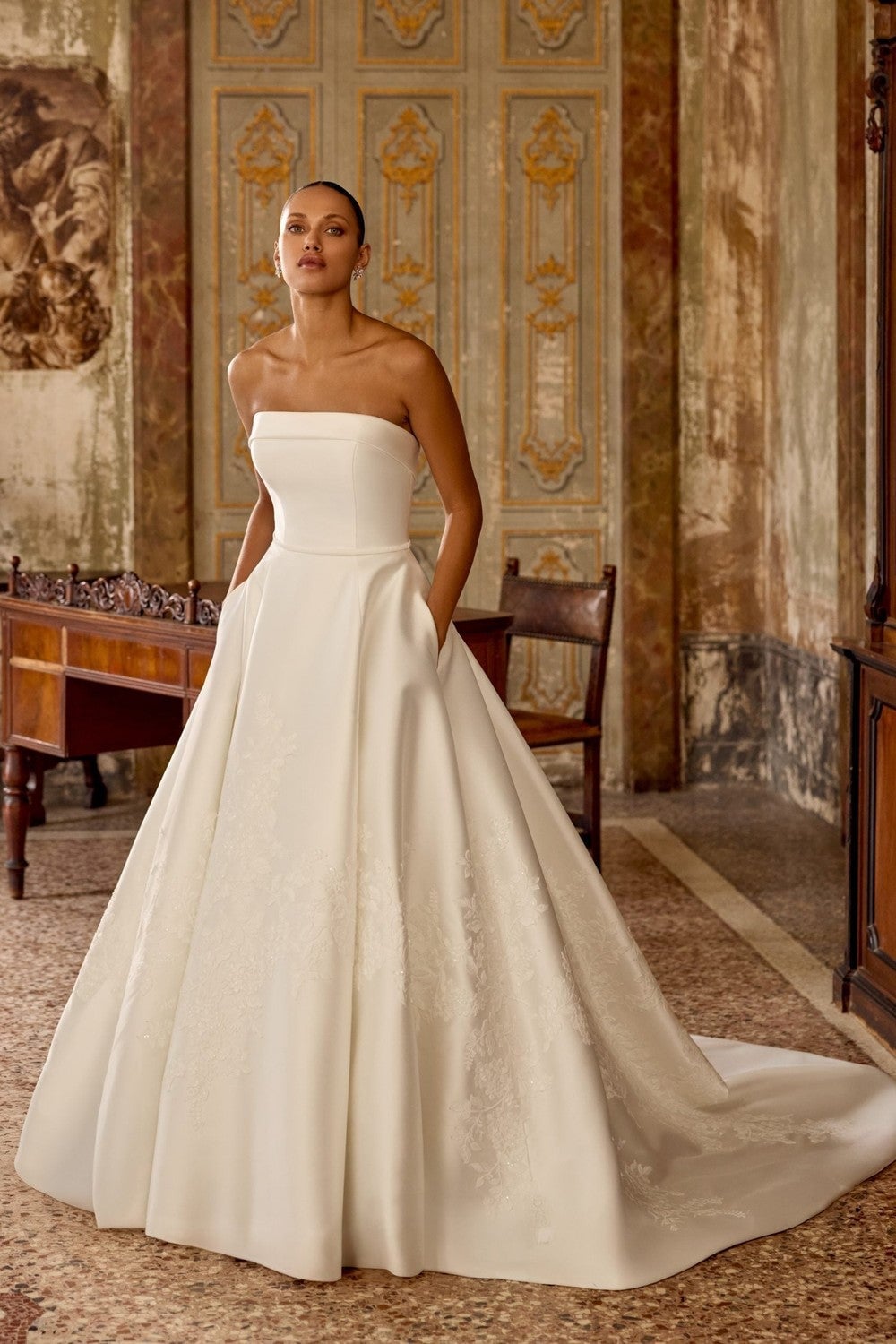 Ivory Strapless Ballgown Wedding Dress with Satin Skirt, Close-Up Take — Aesthetic Wedding Dress