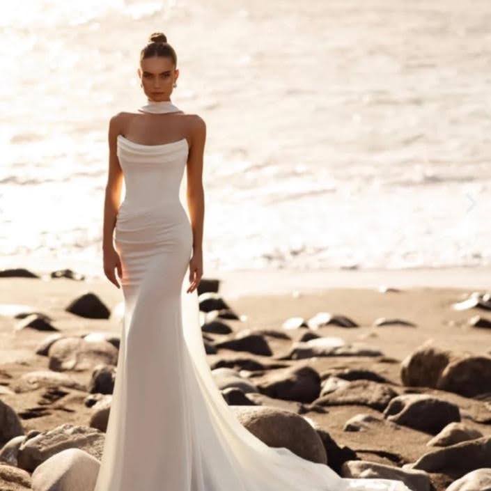 Strapless Satin Sheath Wedding Dress on a Beach — Aesthetic Wedding Dress