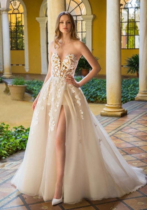 Ivory A-Line Wedding Dress with Sheer Floral Bodice and High Slit — Aesthetic Wedding Dress