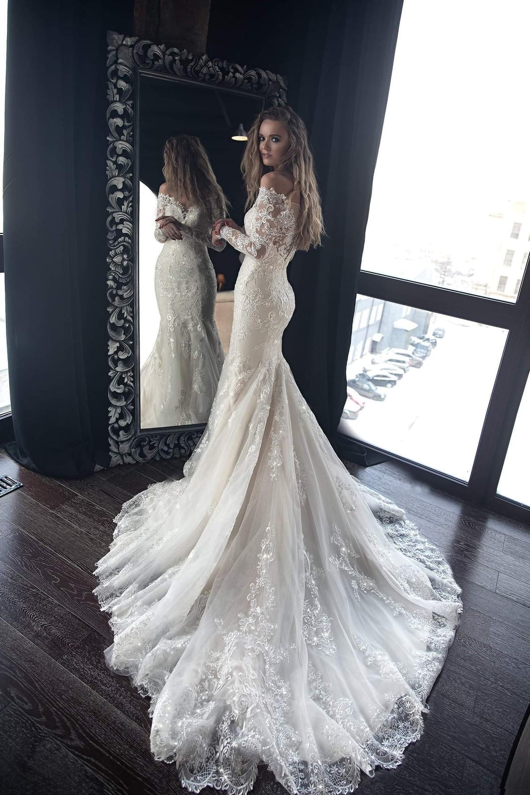 Ivory Lace Mermaid Wedding Dress with Dramatic Train — Aesthetic Wedding Dress