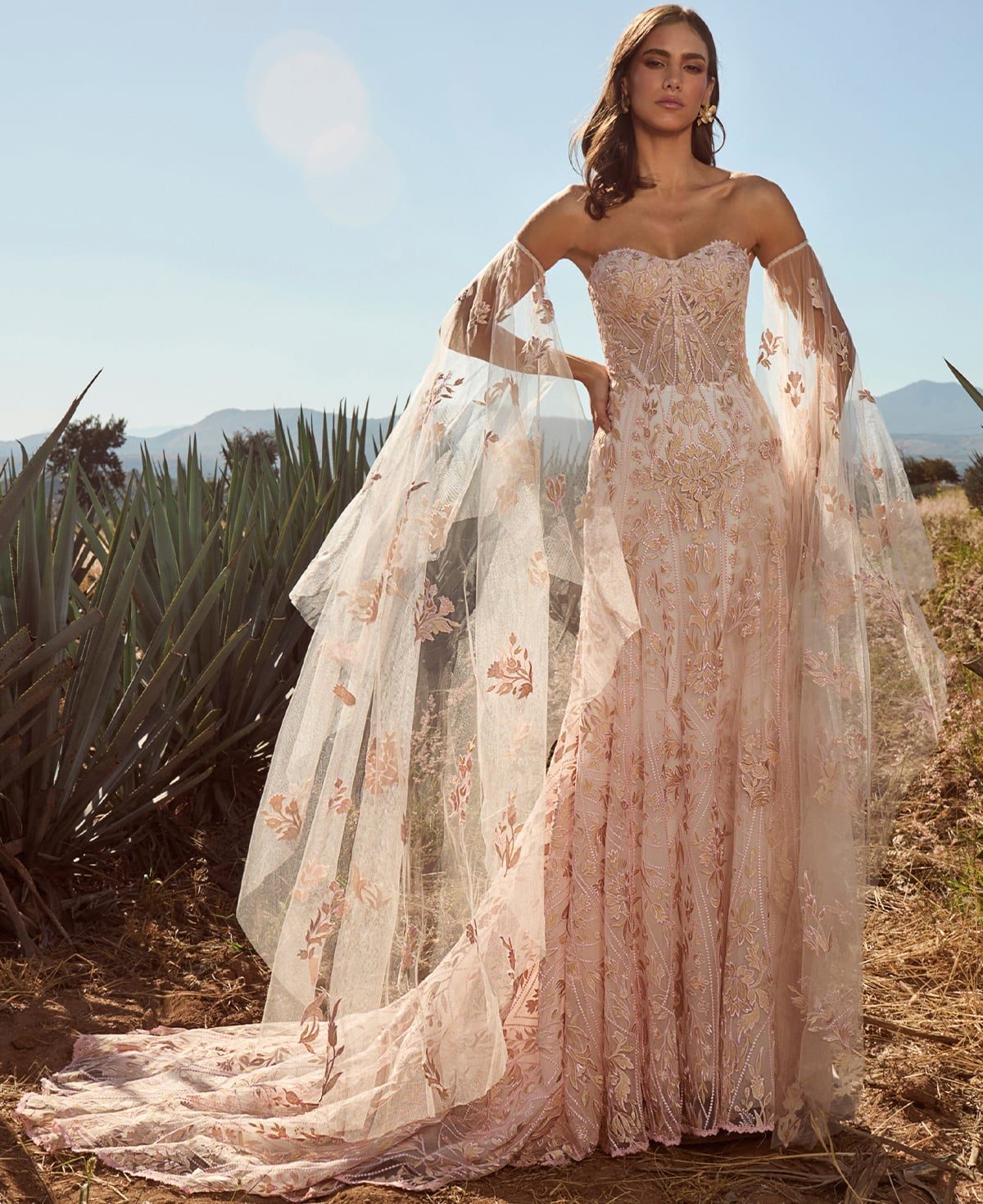 Pink and Gold A-Line Wedding Dress with Detachable Sleeves — Aesthetic Wedding Dress