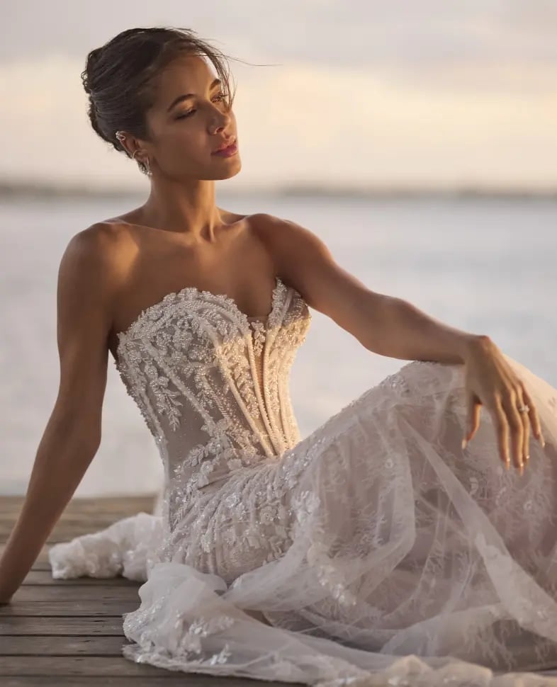 White Trumpet Wedding Dress with Embroidered Veil — Aesthetic Wedding Dress