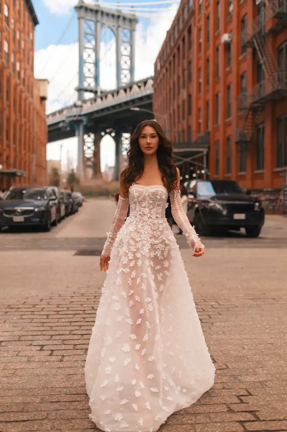 White Sheer A-Line Wedding Dress with Floral Overlay — Aesthetic Wedding Dress