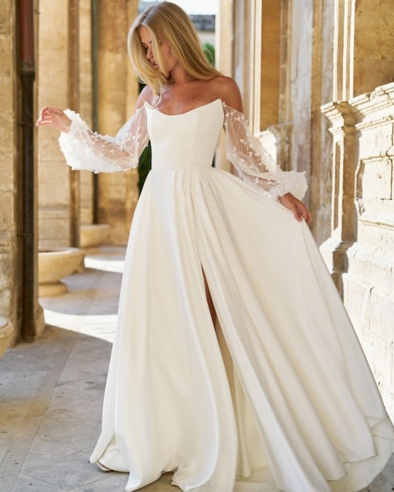 Ivory A-Line Wedding Dress with Floral Applique Sleeves — Aesthetic Wedding Dress