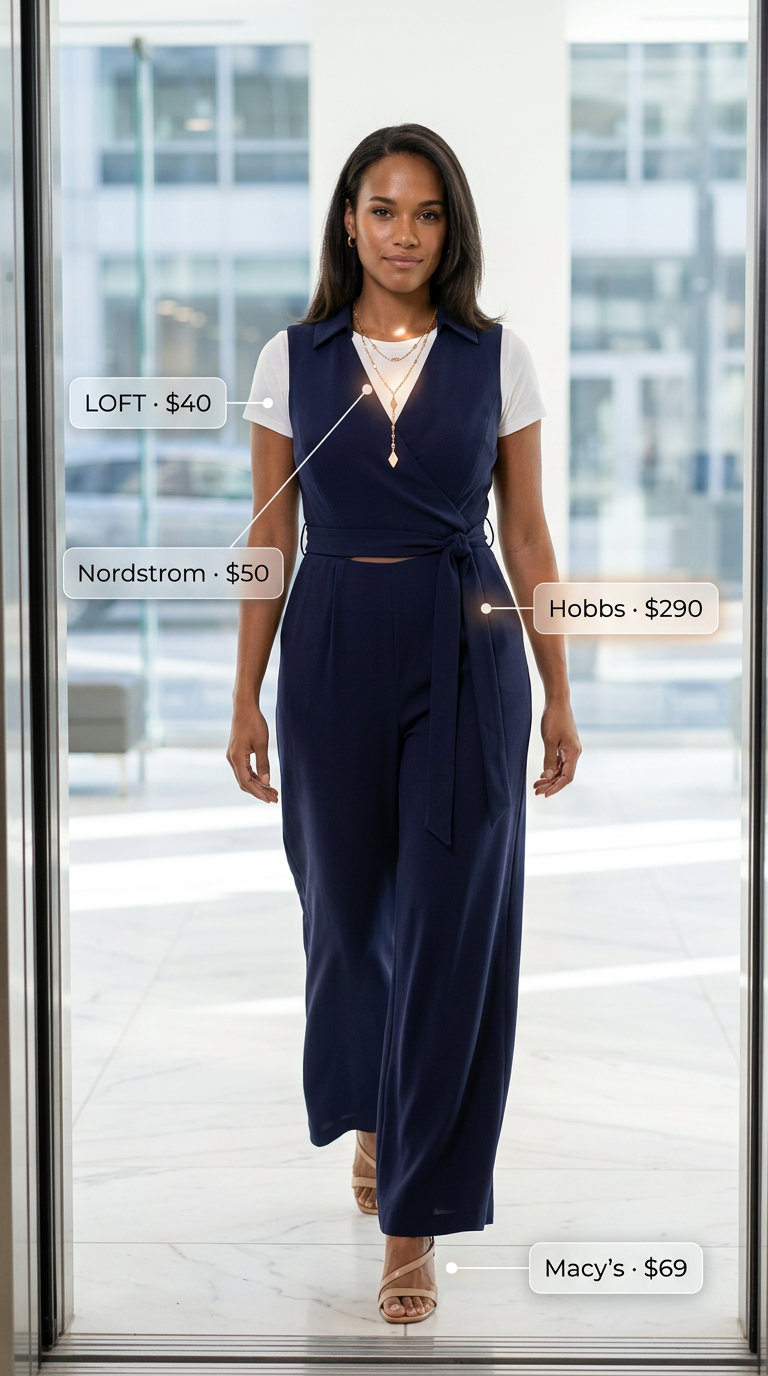 Chic summer office outfit alternative: Navy jumpsuit, nude sandals, tan bag, gold necklaces.