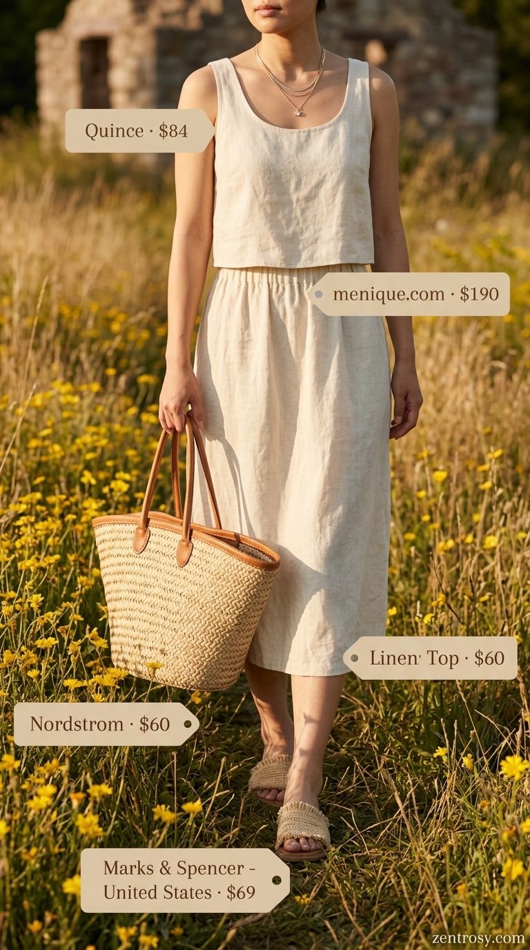 Cute Summer Sundresses 2026: Linen Set Outfit Cute summer sundresses 2026: Cream linen matching set, raffia slides, straw tote for beach vacation or resort wear.