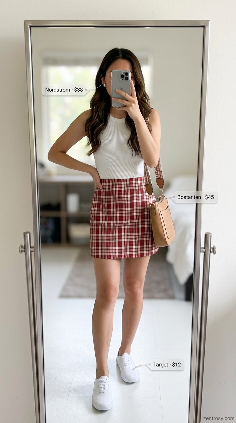 Cute Summer Sundresses 2026: Plaid Skirt Casual Outfit Cute summer sundresses 2026: Red plaid skirt outfit with white sneakers and a crossbody bag for a casual weekend.