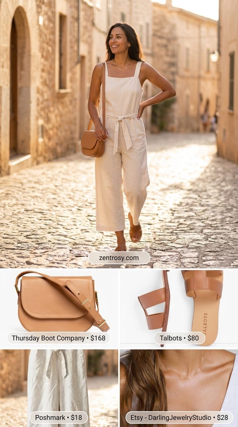 Chic alternative outfit: light wash linen jumpsuit with tan sandals and crossbody bag for summer.