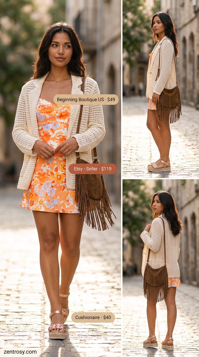 Boho Summer Blazer Alternatives for Women 2026 Maxi dress with crochet blazer alternative for a boho lightweight summer blazer outfit for women 2026.