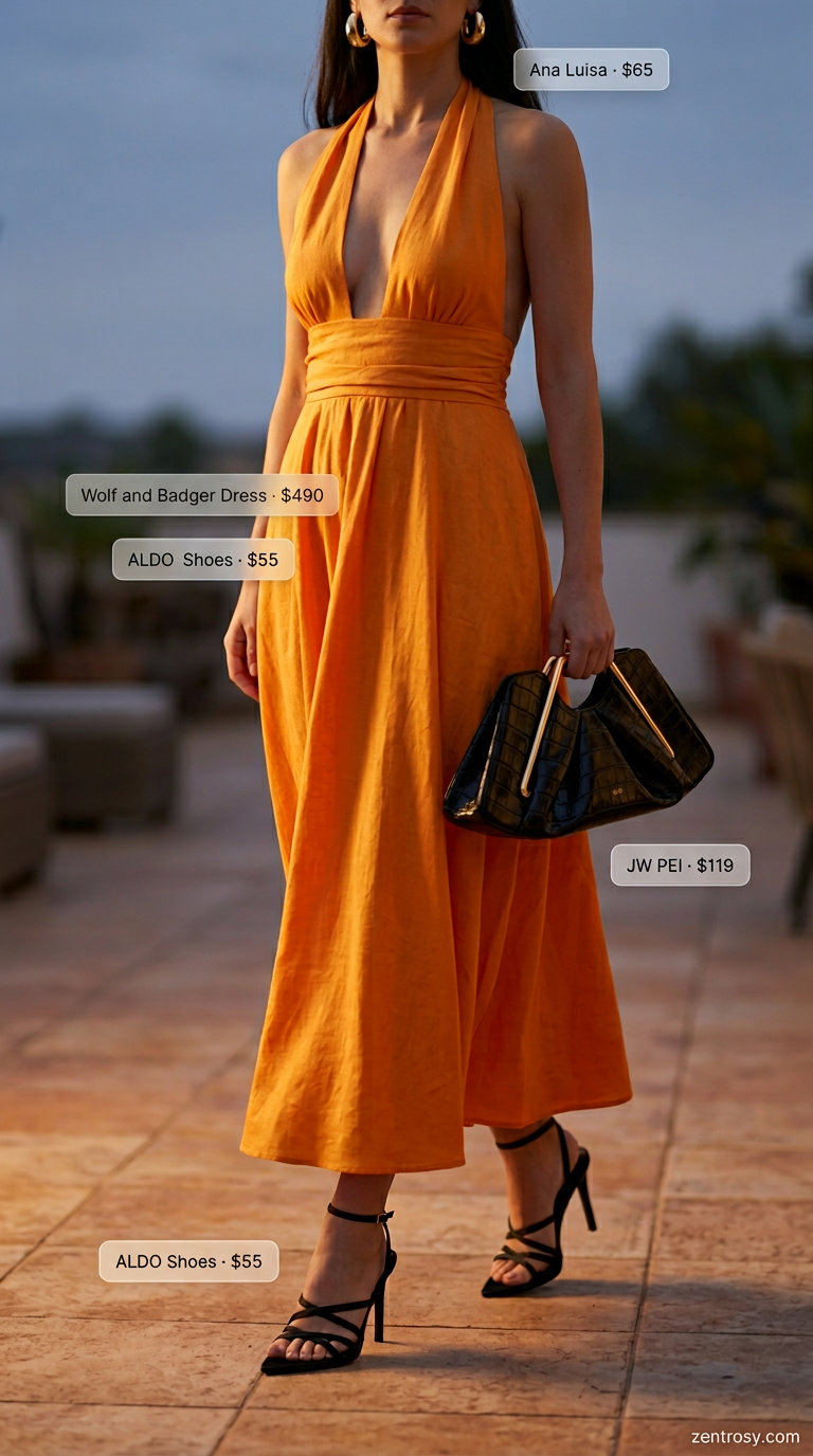 Mango orange linen maxi dress for summer 2026, an alternative to linen pant outfits for women, perfect for evening dinners.