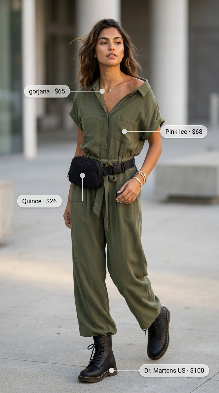 Olive green linen utility jumpsuit for summer 2026, a modern alternative to linen pant outfits for women for casual days.