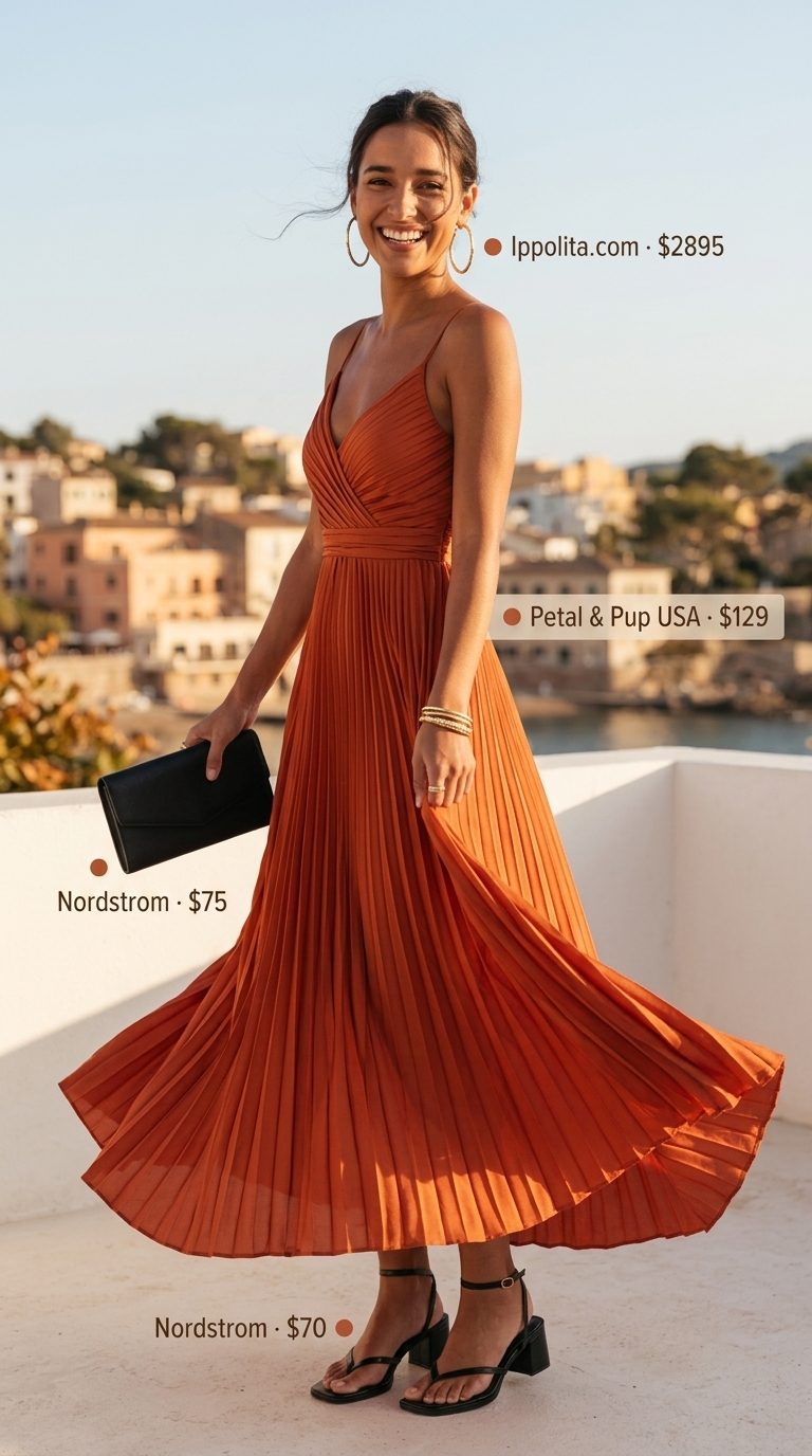Terracotta orange maxi dress for summer 2026, an elegant alternative to linen pant outfits for women for dinner dates.