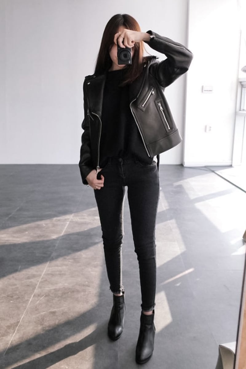 Leather Moto Jacket Over Crewneck Top — Alt Style Inspiration