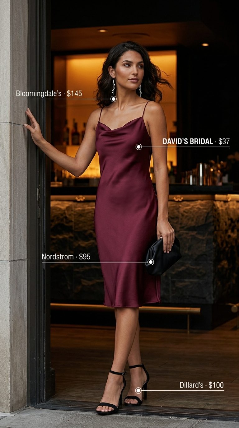 Elegant burgundy slip summer belted dress alternative for women 2026, perfect for date night or evening events. Styled with heels and clutch.