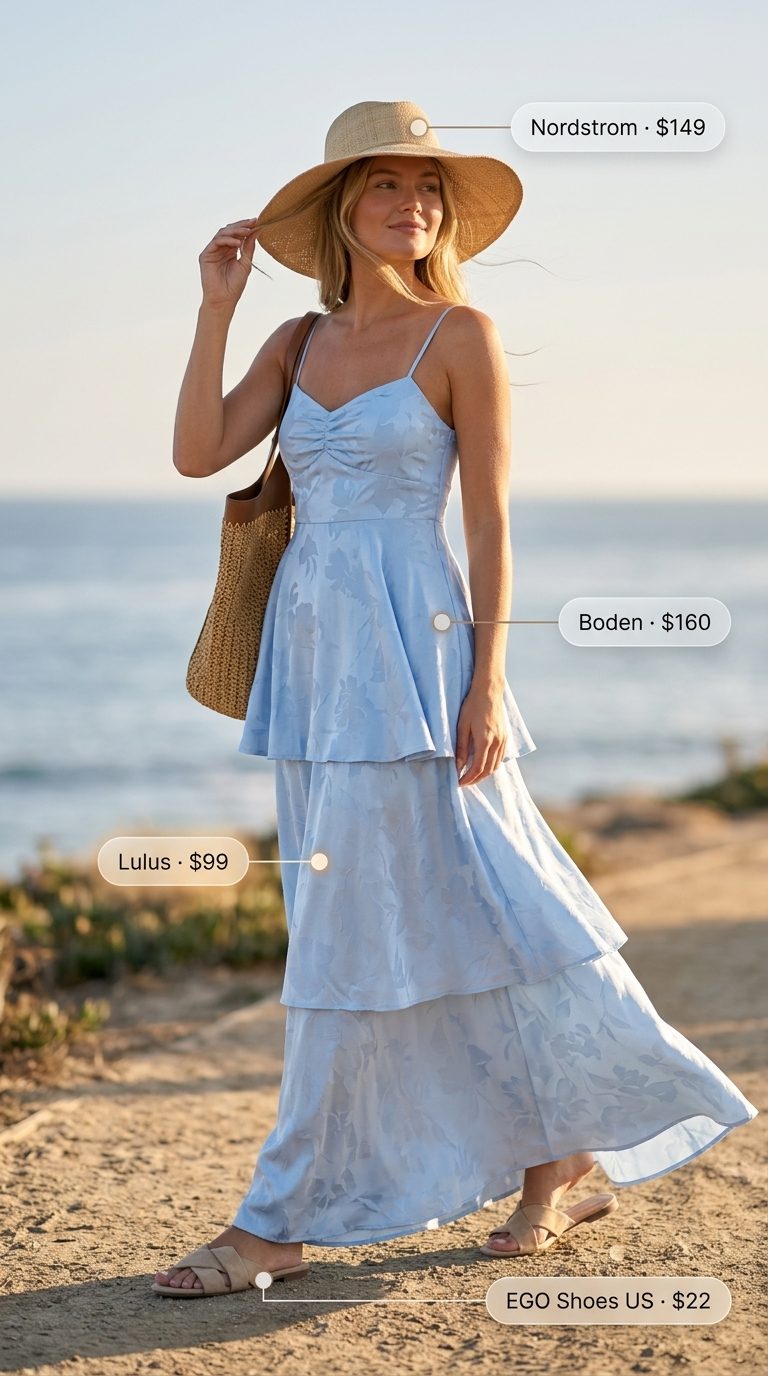 Relaxed sky blue maxi summer belted dress alternative for women 2026, perfect for beach vacations. Styled with flat sandals and straw hat.