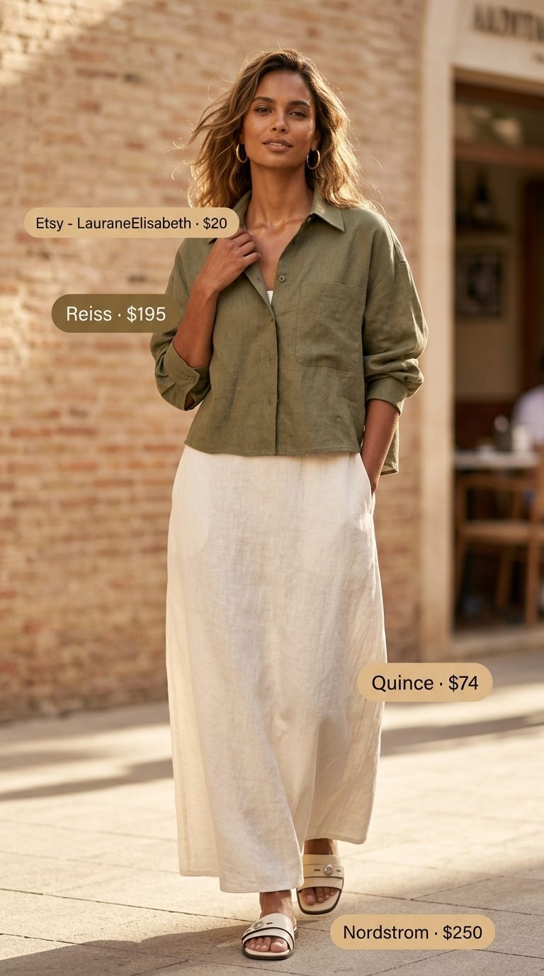 Chic olive green linen blend matching set alternative for women 2026, perfect for vacation or brunch. Styled with slides and crossbody.