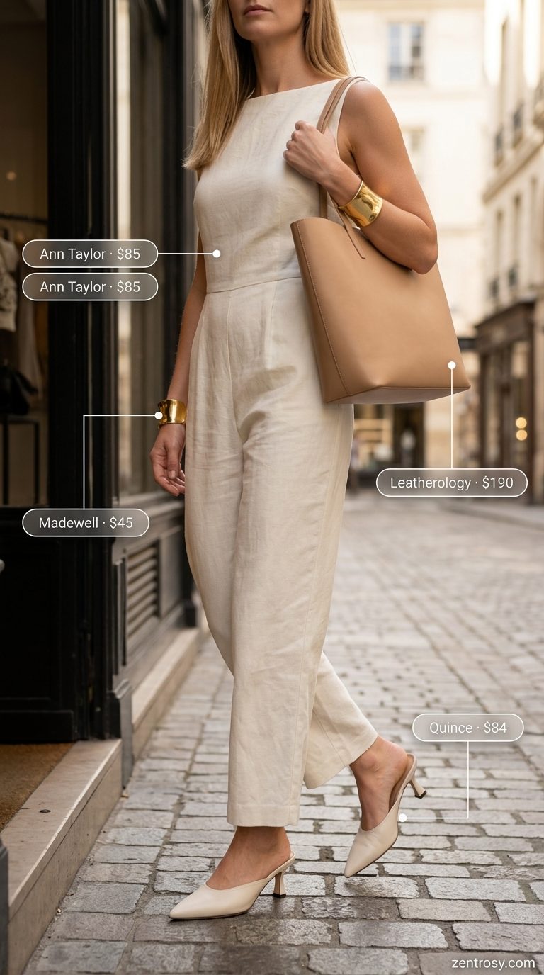Chic beige linen blend summer belted dress alternative for women 2026, suitable for work or dinner. Styled with mules and a tote.