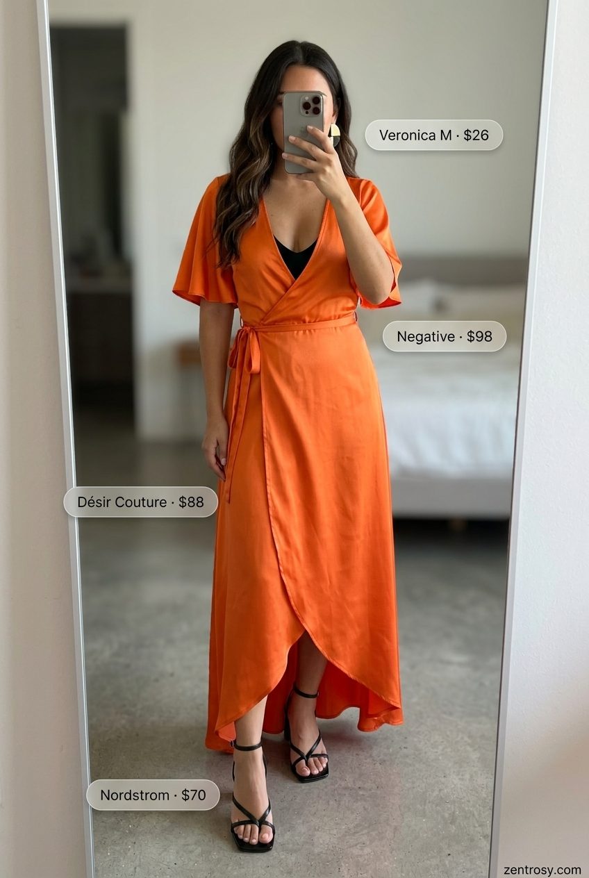 Bodysuit Alternative: Orange Wrap Dress 2026 Mango orange satin wrap dress with flutter sleeves, black clutch, gold earrings, and strappy heels. What to wear with bodysuit summer 2026.