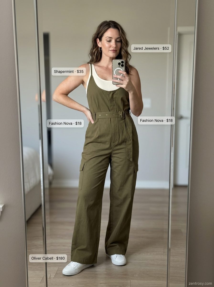 Bodysuit Alternative: Utility Jumpsuit 2026 Utility jumpsuit outfit: olive green jumpsuit, white sneakers, gold hoops, tan belt bag. Bodysuit alternative for summer 2026.