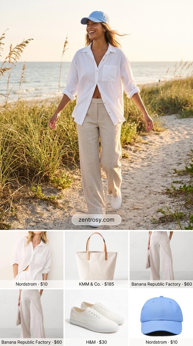 Linen Shirt & Sneakers for Women 2026 Sky blue linen oversized shirt and white canvas sneakers, no pants shown.