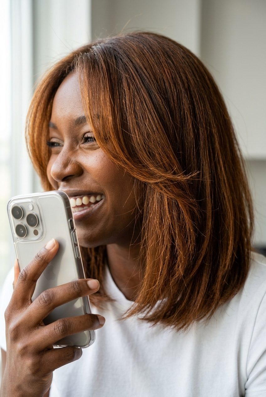 Amber Ale Lob 2026 collarbone-length amber ale brown lob with orange-gold highlights and textured ends — playful & boho