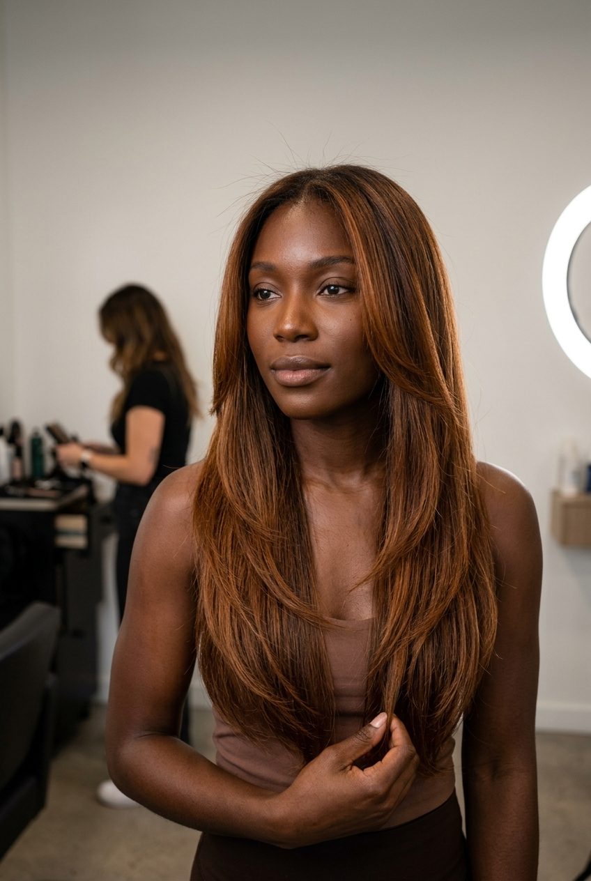Amber Ale Waves 2026: Romantic Glamour long amber ale haircut with copper-gold balayage and cascading layers for romantic glamour